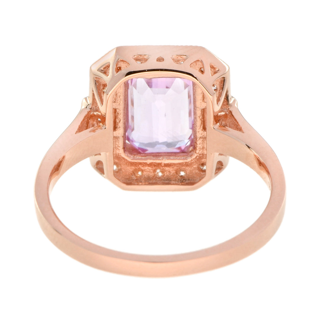 Emerald Cut Pink Sapphire & Diamond Halo Set Engagement 14K Rose Gold Ring