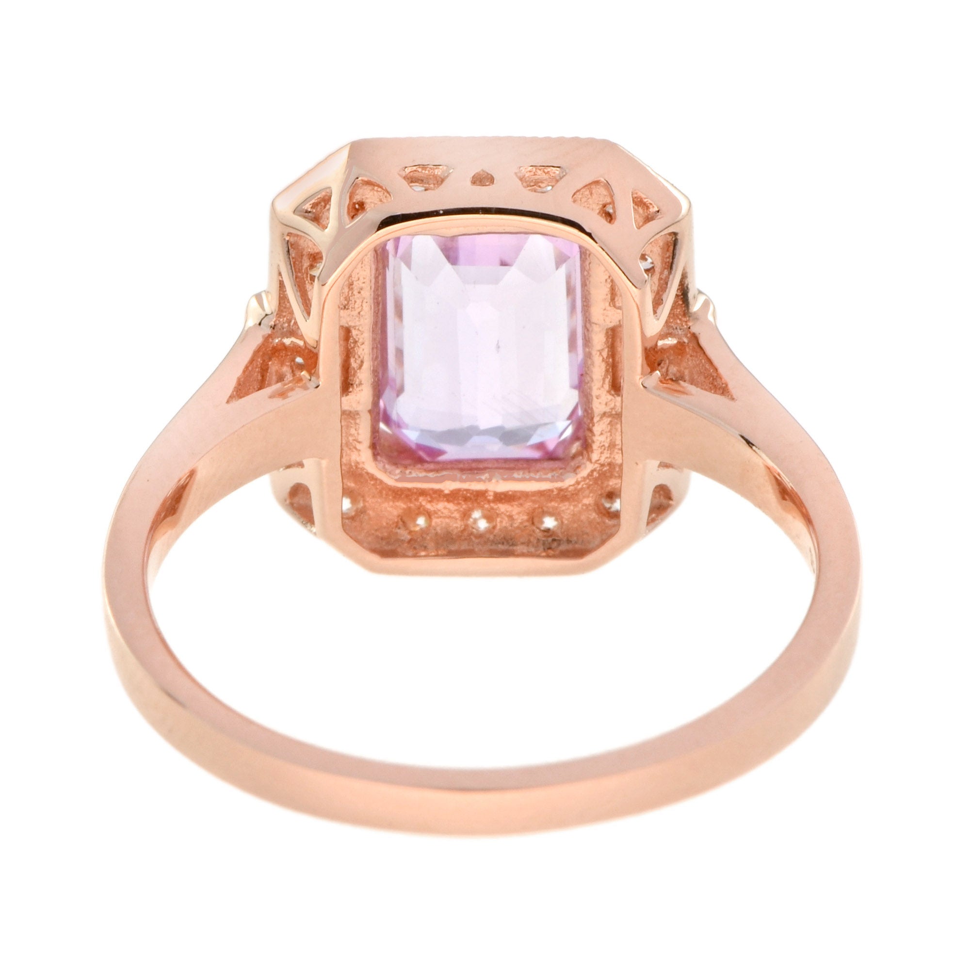 Emerald Cut Pink Sapphire &amp; Diamond Halo Set Engagement 14K Rose Gold Ring