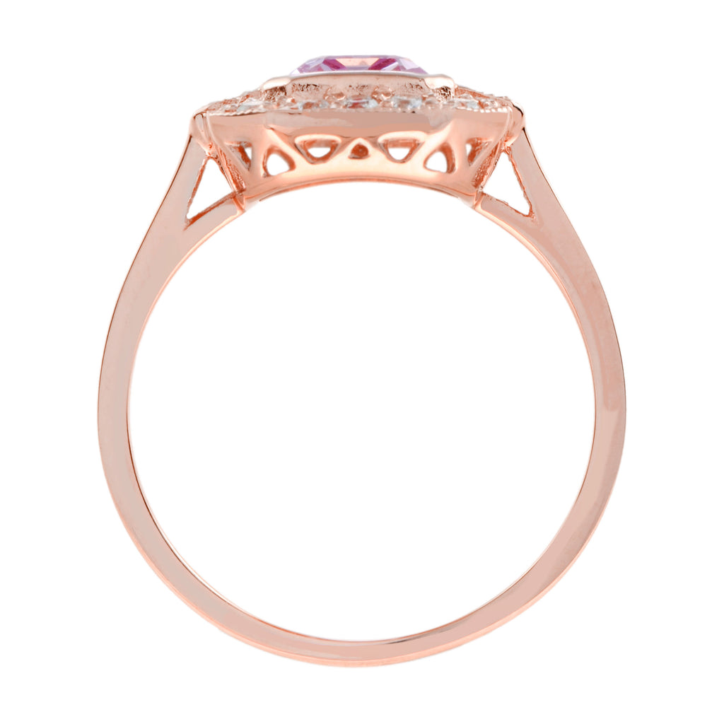 Emerald Cut Pink Sapphire & Diamond Halo Set Engagement 14K Rose Gold Ring