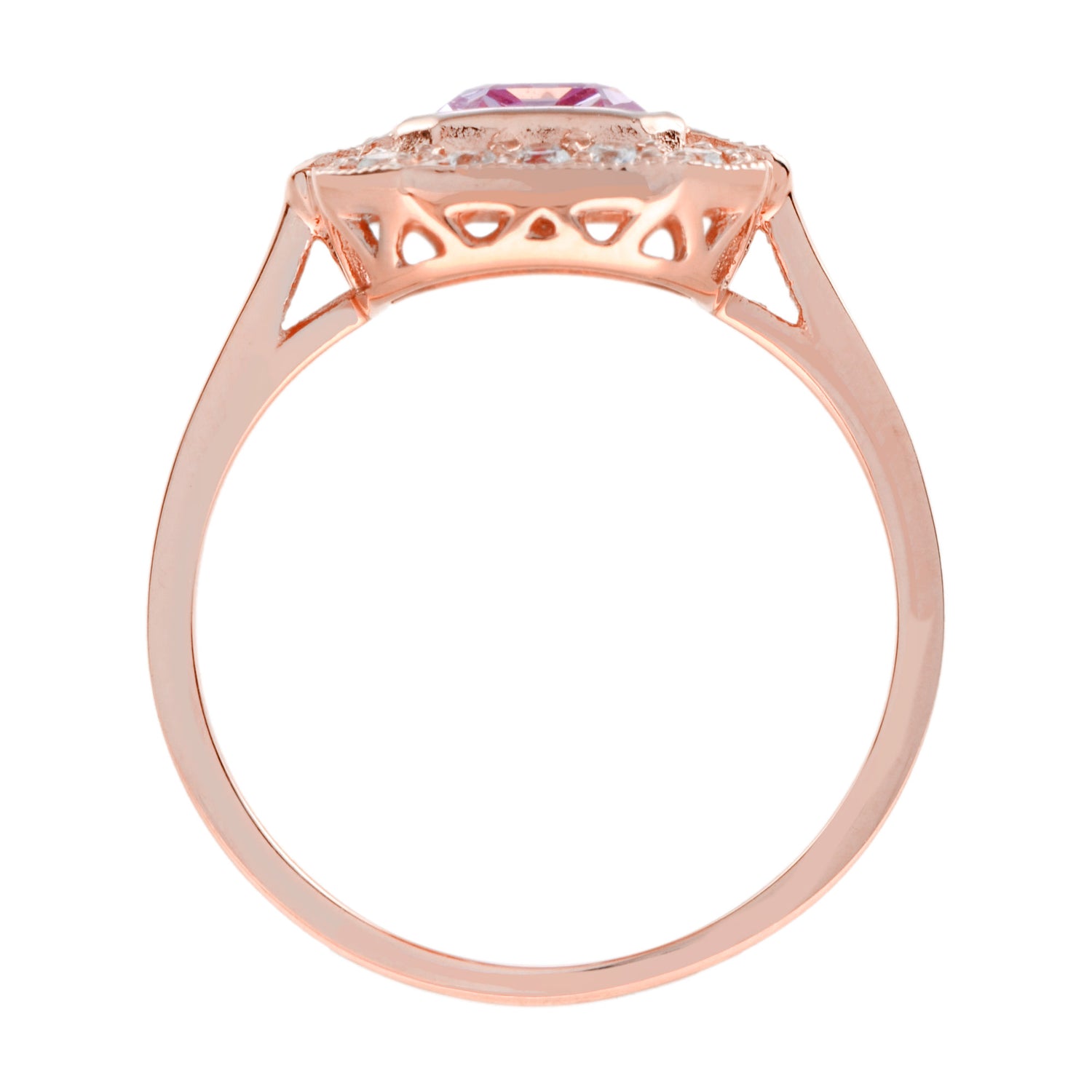 Emerald Cut Pink Sapphire &amp; Diamond Halo Set Engagement 14K Rose Gold Ring