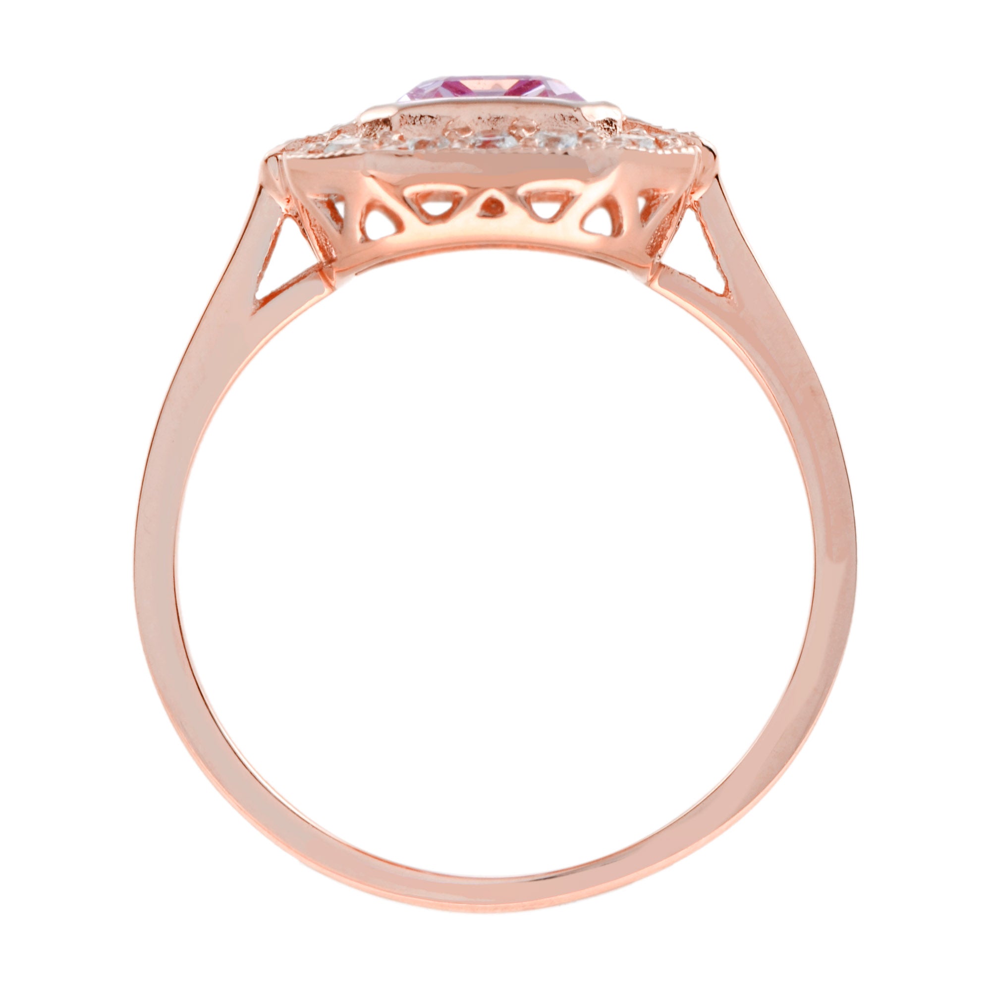 Emerald Cut Pink Sapphire &amp; Diamond Halo Set Engagement 14K Rose Gold Ring