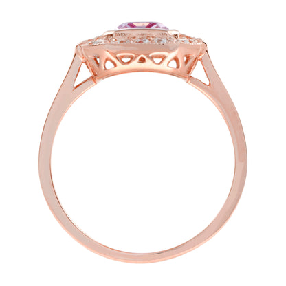 Emerald Cut Pink Sapphire &amp; Diamond Halo Set Engagement 14K Rose Gold Ring