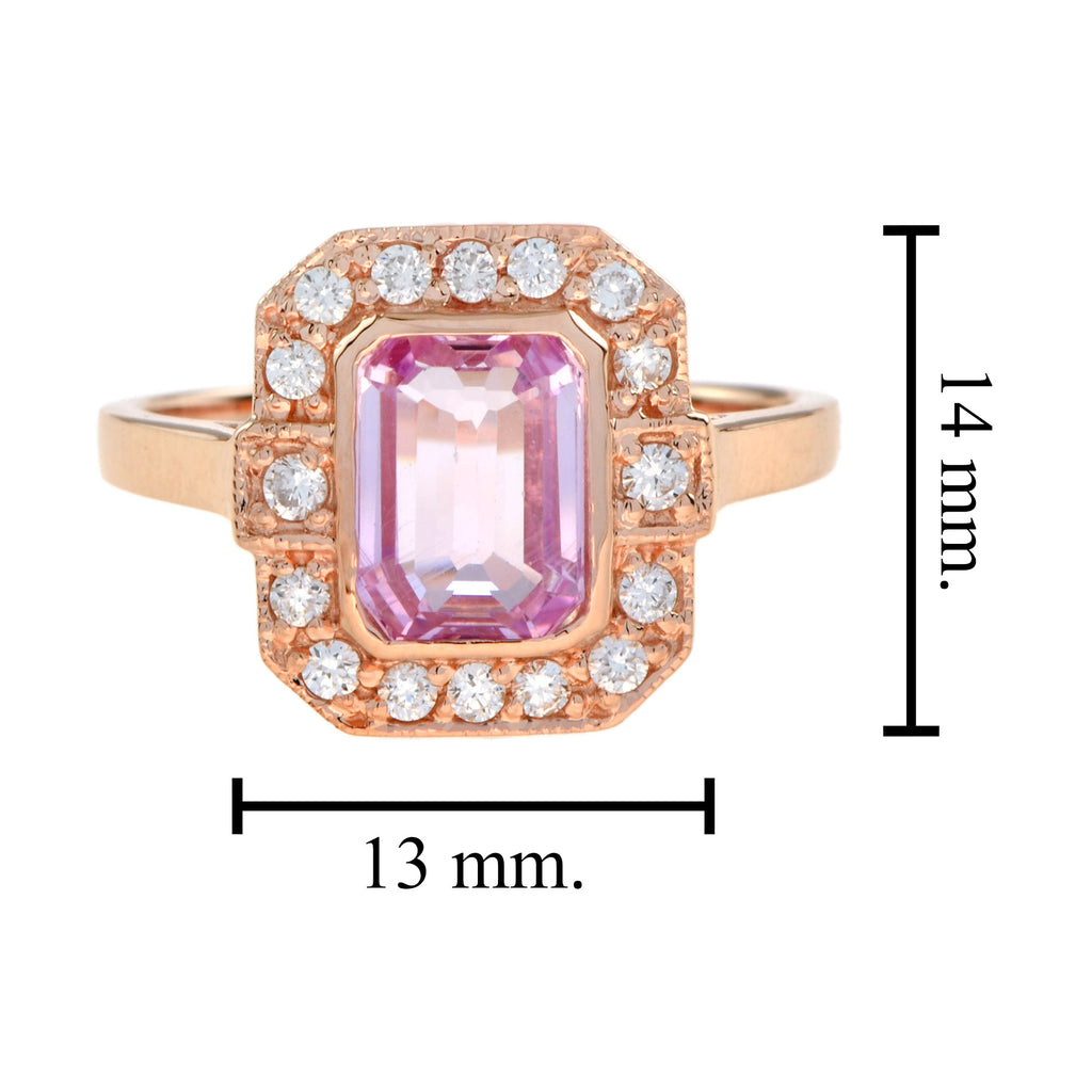 Emerald Cut Pink Sapphire & Diamond Halo Set Engagement 14K Rose Gold Ring