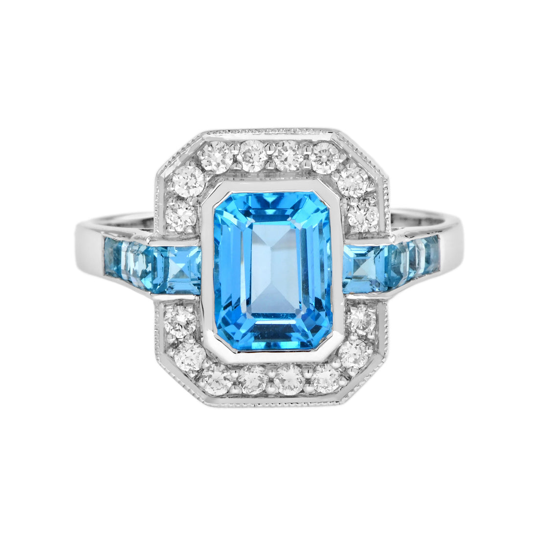 Octagon Swiss Blue Topaz &amp; Diamond Art Deco Style 14K Halo Set White Gold Ring