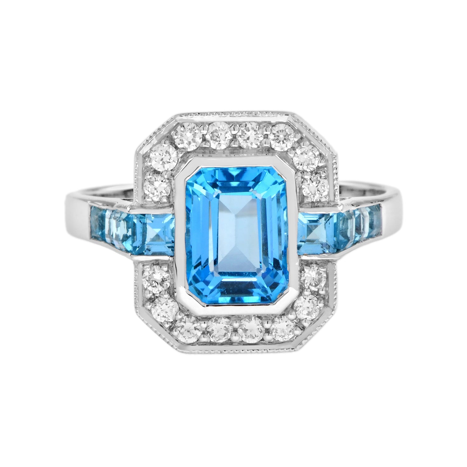 Octagon Swiss Blue Topaz &amp; Diamond Art Deco Style 14K Halo Set White Gold Ring