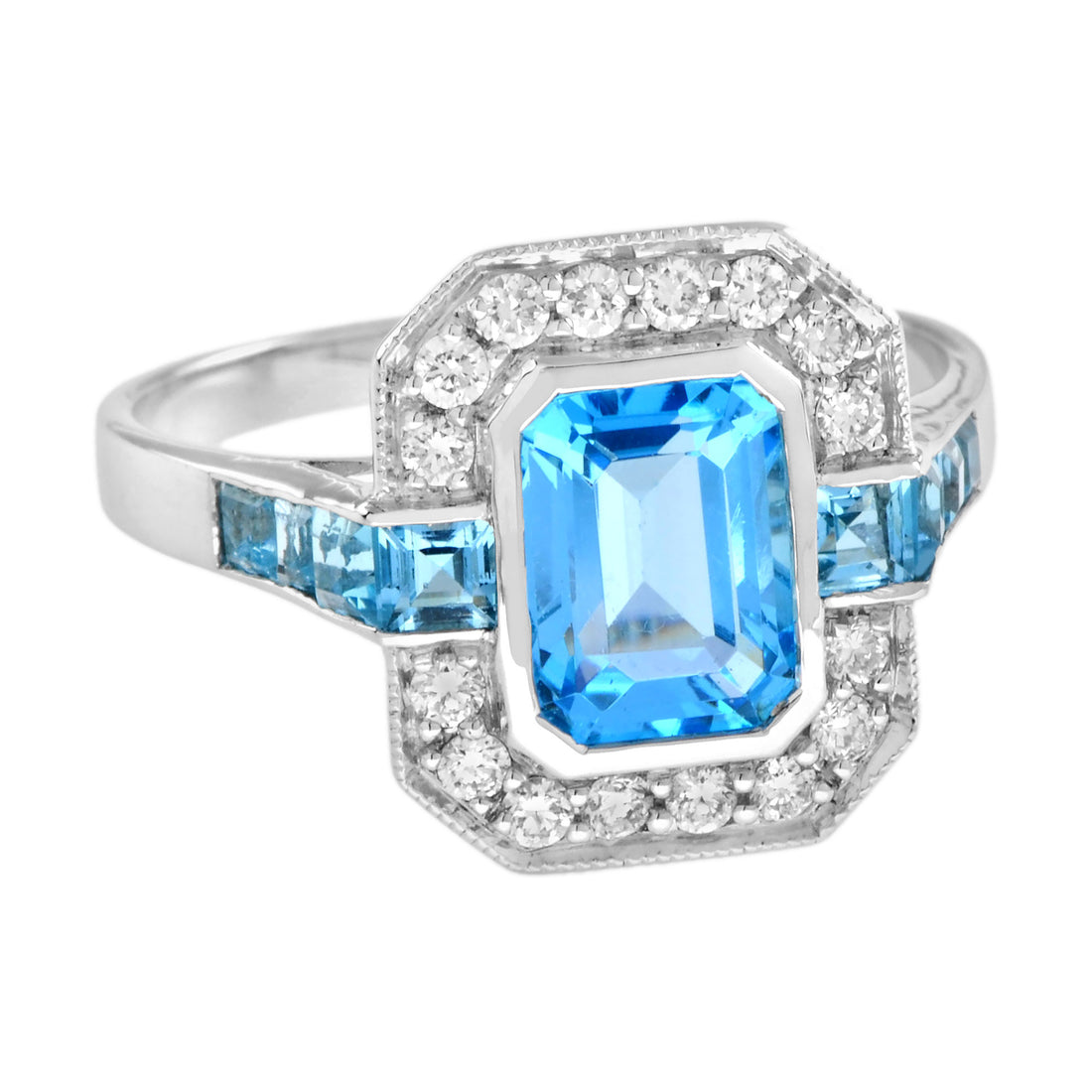 Octagon Swiss Blue Topaz &amp; Diamond Art Deco Style 14K Halo Set White Gold Ring