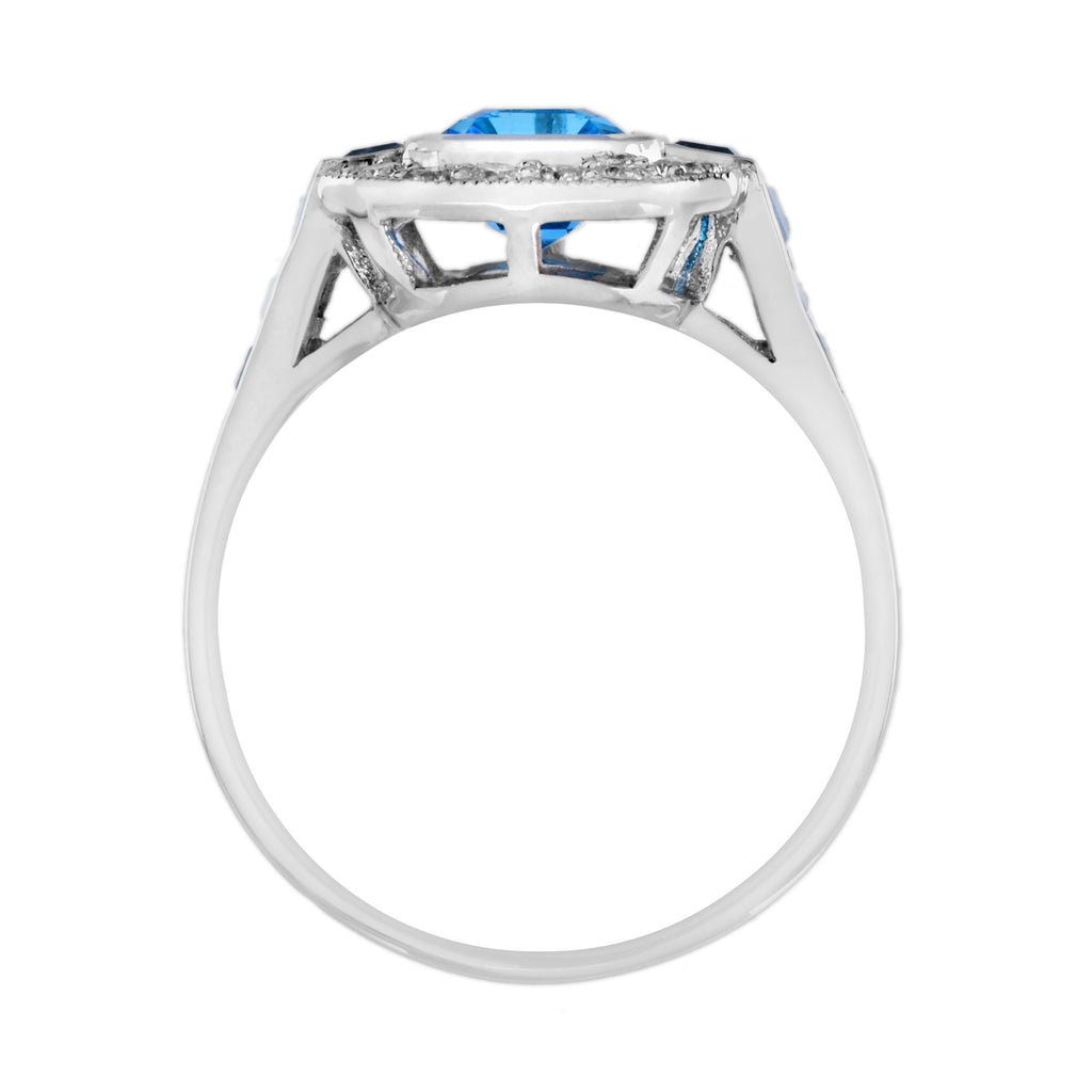 Octagon Swiss Blue Topaz & Diamond Art Deco Style 14K Halo Set White Gold Ring