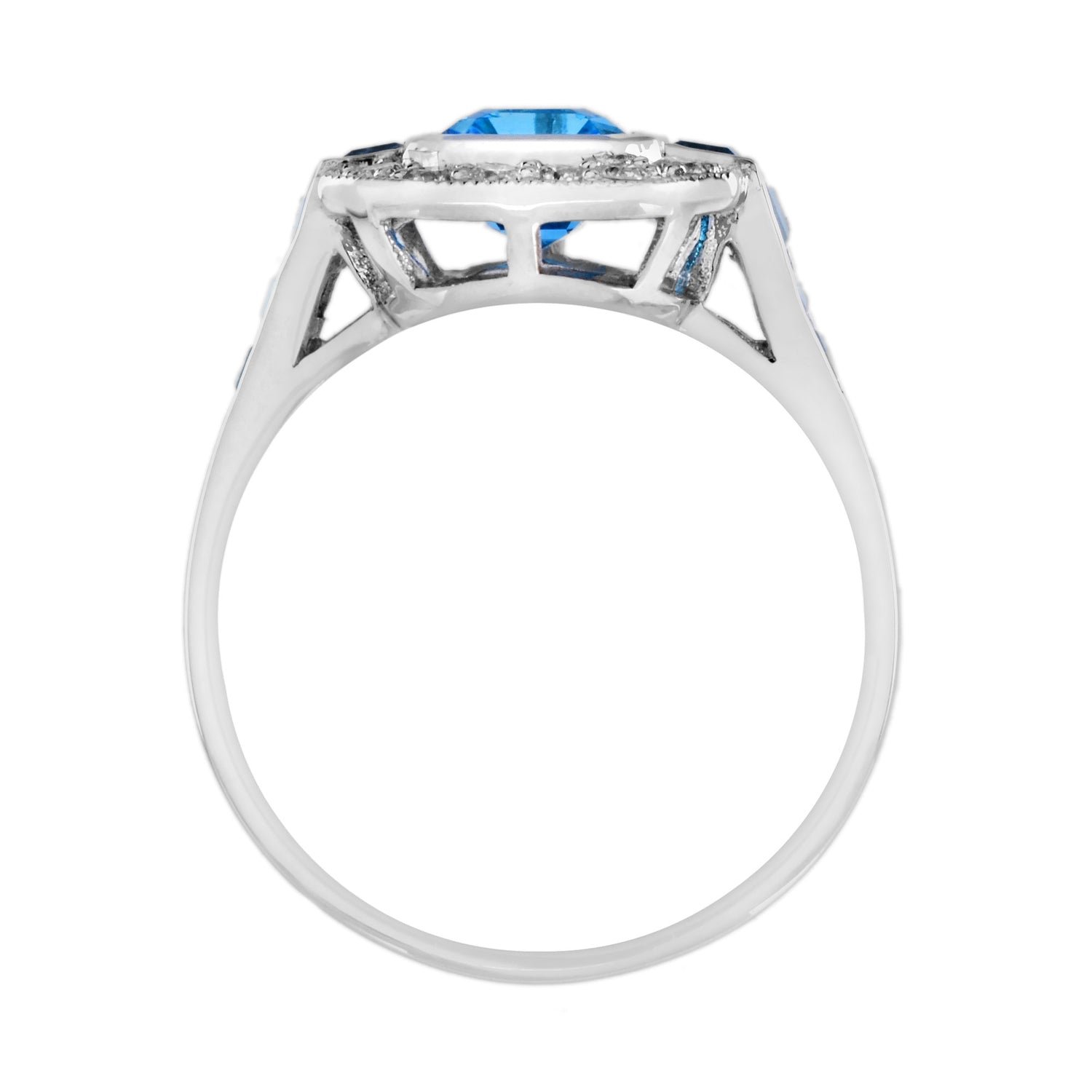 Octagon Swiss Blue Topaz &amp; Diamond Art Deco Style 14K Halo Set White Gold Ring