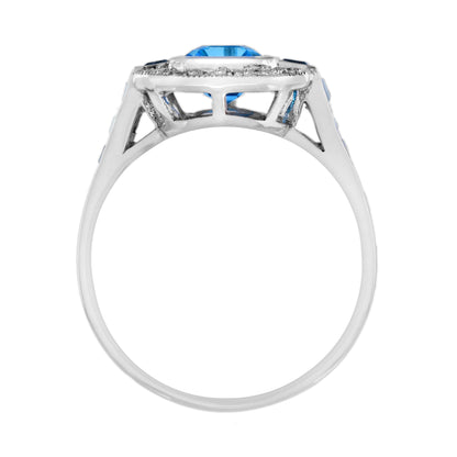 Octagon Swiss Blue Topaz &amp; Diamond Art Deco Style 14K Halo Set White Gold Ring