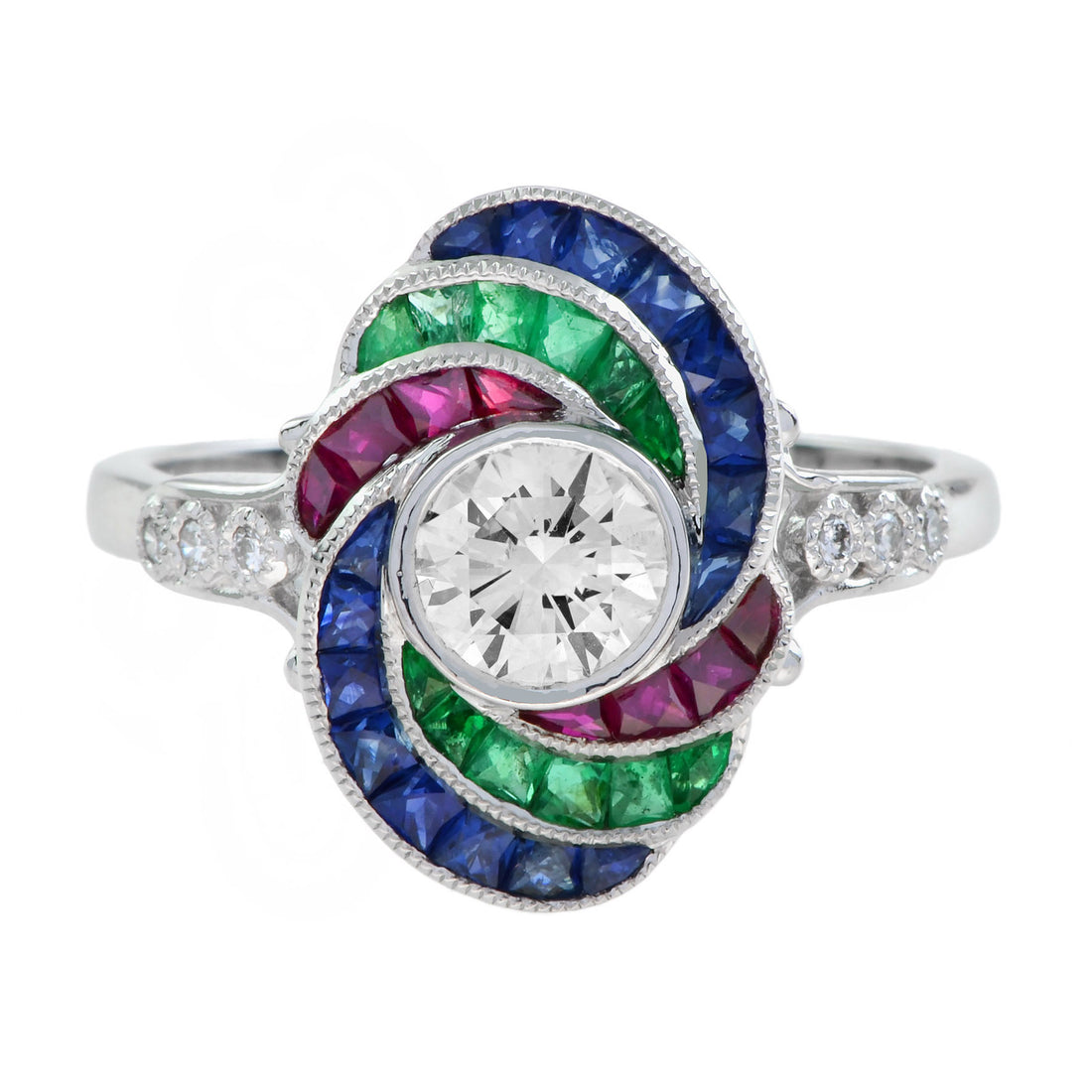 Round Diamond Ruby Emerald Sapphire Swirl Art Deco Style 18K White Gold Ring
