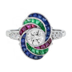 Round Diamond Ruby Emerald Sapphire Swirl Art Deco Style 18K White Gold Ring