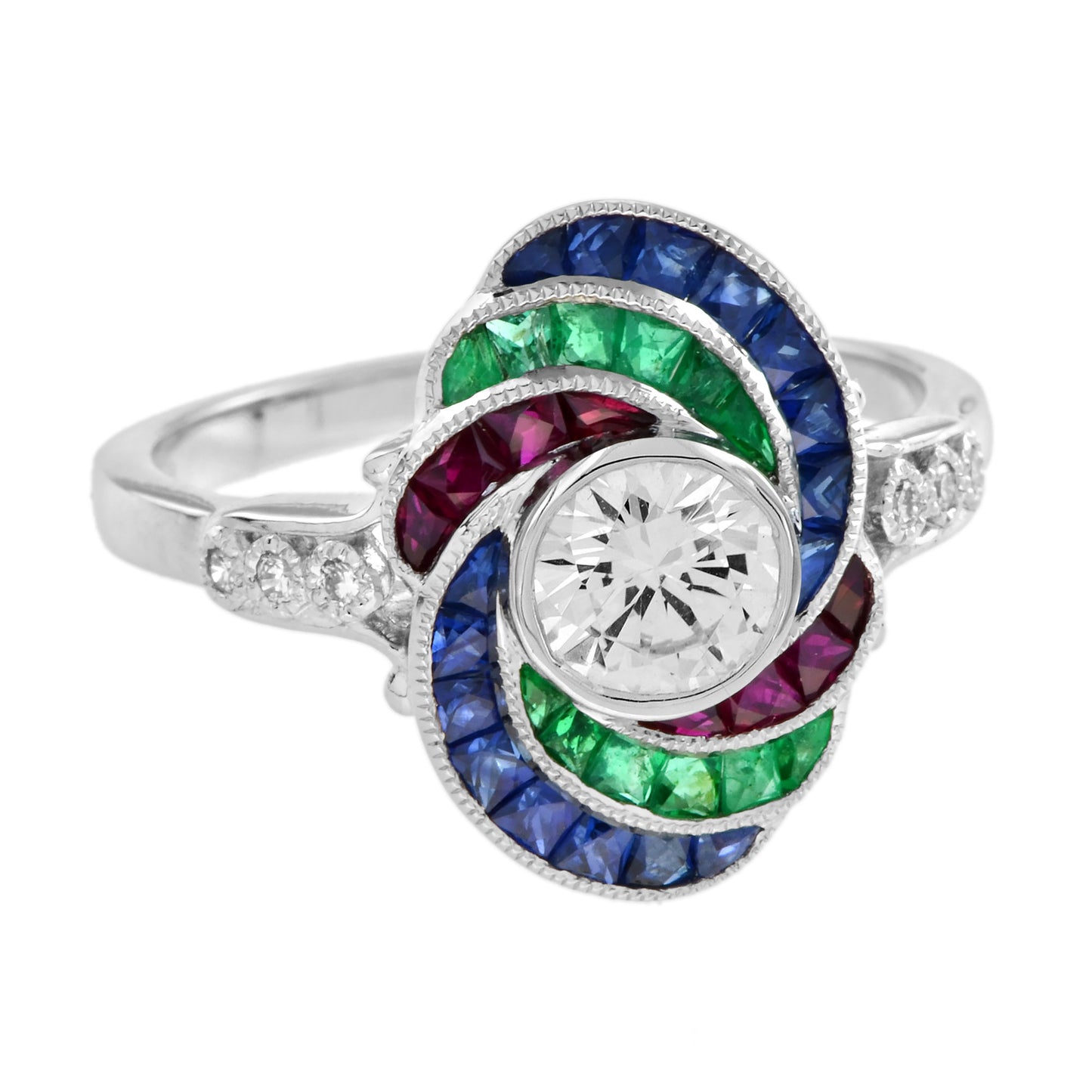 round diamond ruby emerald sapphire swirl art deco style 18k white gold ring