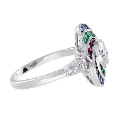 Round Diamond Ruby Emerald Sapphire Swirl Art Deco Style 18K White Gold Ring