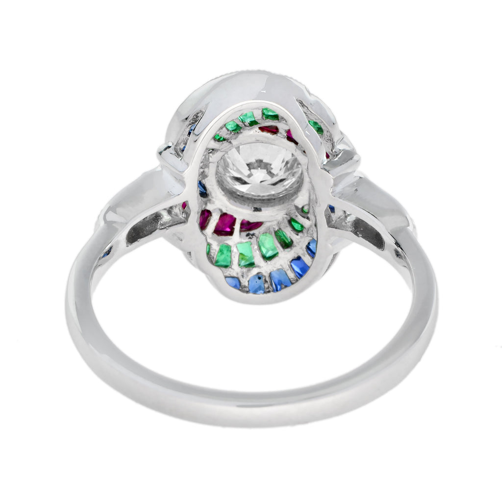 Round Diamond Ruby Emerald Sapphire Swirl Art Deco Style 18K White Gold Ring