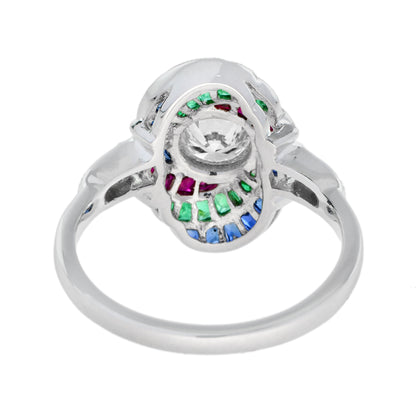 Round Diamond Ruby Emerald Sapphire Swirl Art Deco Style 18K White Gold Ring