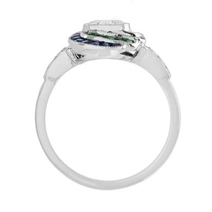 Round Diamond Ruby Emerald Sapphire Swirl Art Deco Style 18K White Gold Ring