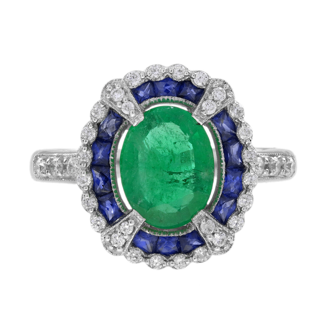 Oval Green Emerald & Sapphire Diamond Art Deco Style Halo 18K White Gold Ring