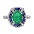 Oval Green Emerald & Sapphire Diamond Art Deco Style Halo 18K White Gold Ring