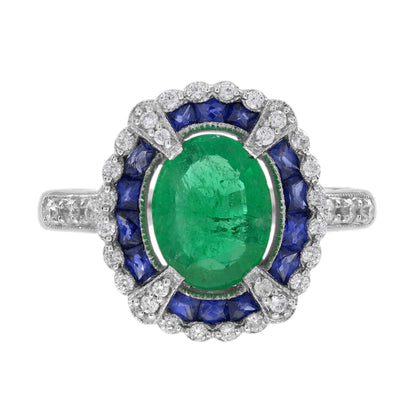 Oval Green Emerald &amp; Sapphire Diamond Art Deco Style Halo 18K White Gold Ring