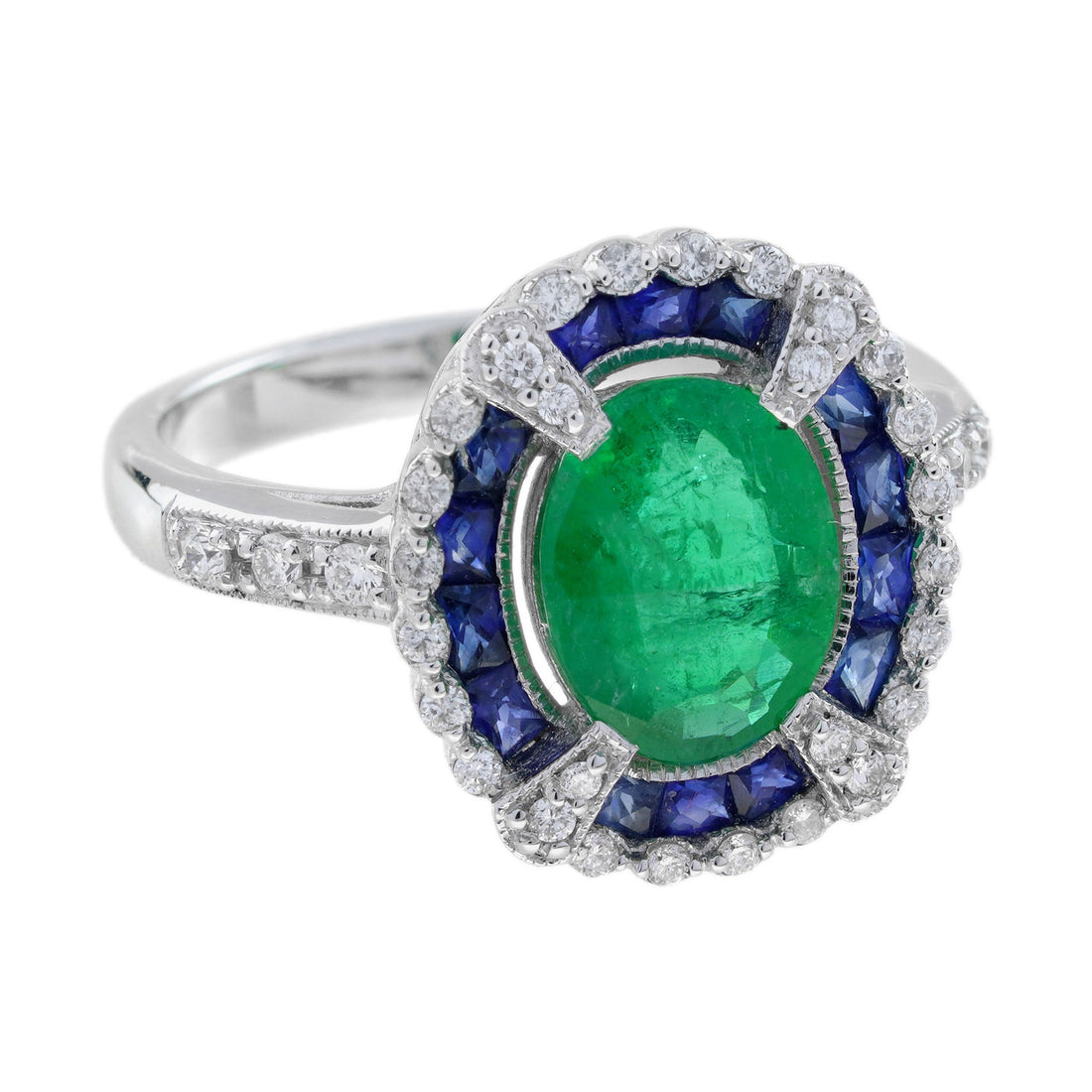 Oval Green Emerald &amp; Sapphire Diamond Art Deco Style Halo 18K White Gold Ring