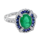 2.80 ctw Art Deco Style Green Emerald, Blue Sapphire & Diamond Halo Ring 18K White Gold