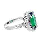 2.80 ctw Art Deco Style Green Emerald, Blue Sapphire & Diamond Halo Ring 18K White Gold