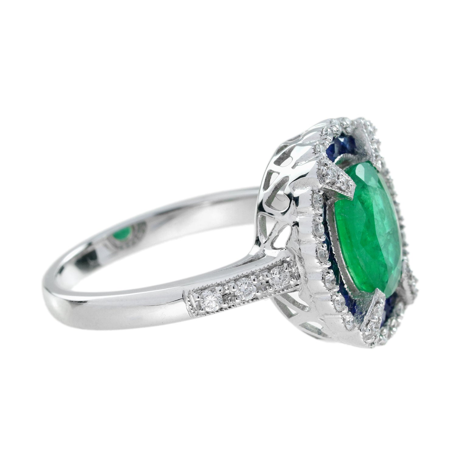 Oval Green Emerald &amp; Sapphire Diamond Art Deco Style Halo 18K White Gold Ring