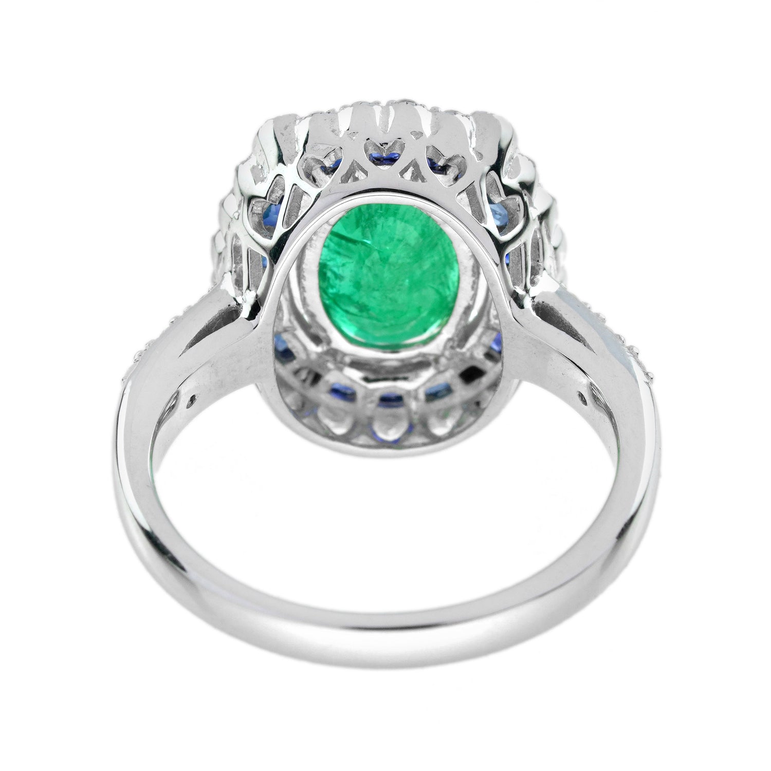 Oval Green Emerald &amp; Sapphire Diamond Art Deco Style Halo 18K White Gold Ring