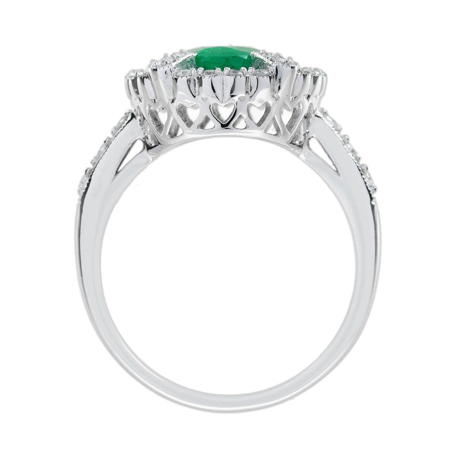 Oval Green Emerald &amp; Sapphire Diamond Art Deco Style Halo 18K White Gold Ring