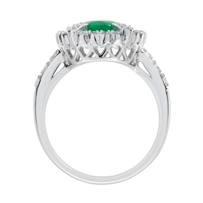 Oval Green Emerald &amp; Sapphire Diamond Art Deco Style Halo 18K White Gold Ring