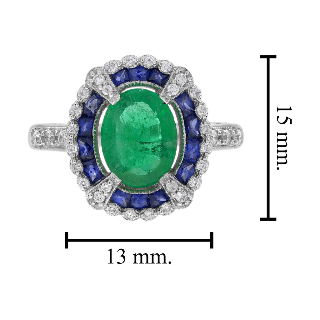 2.80 ctw Art Deco Style Green Emerald, Blue Sapphire & Diamond Halo Ring 18K White Gold
