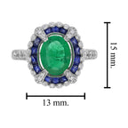 2.80 ctw Art Deco Style Green Emerald, Blue Sapphire & Diamond Halo Ring 18K White Gold