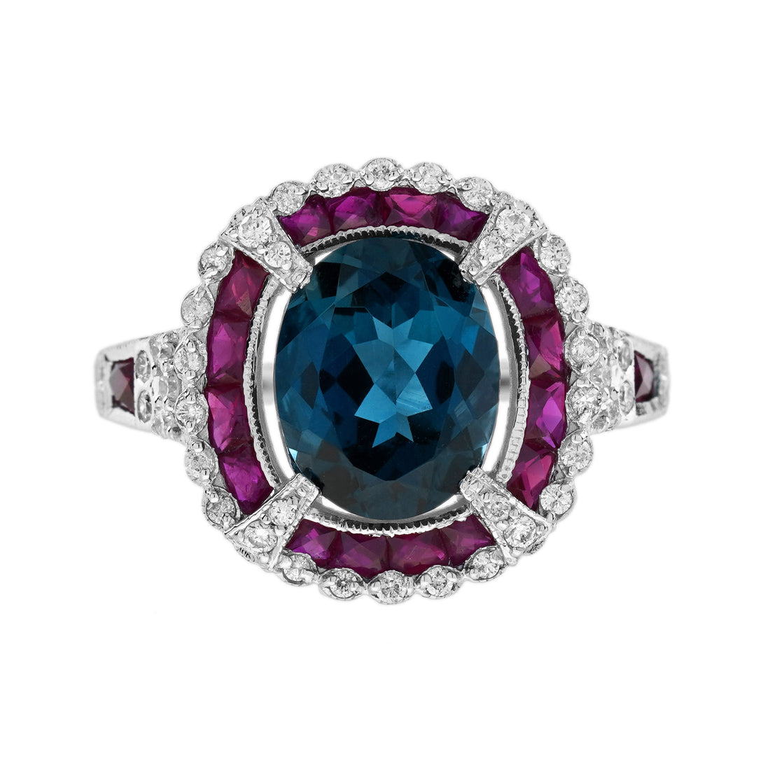 Oval Shape London Blue Topaz Ruby & Diamond Art Deco Style Halo White Gold Ring