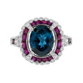 Oval Shape London Blue Topaz Ruby & Diamond Art Deco Style Halo White Gold Ring
