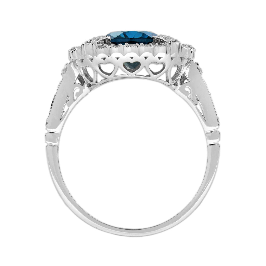 Oval Shape London Blue Topaz Ruby & Diamond Art Deco Style Halo White Gold Ring