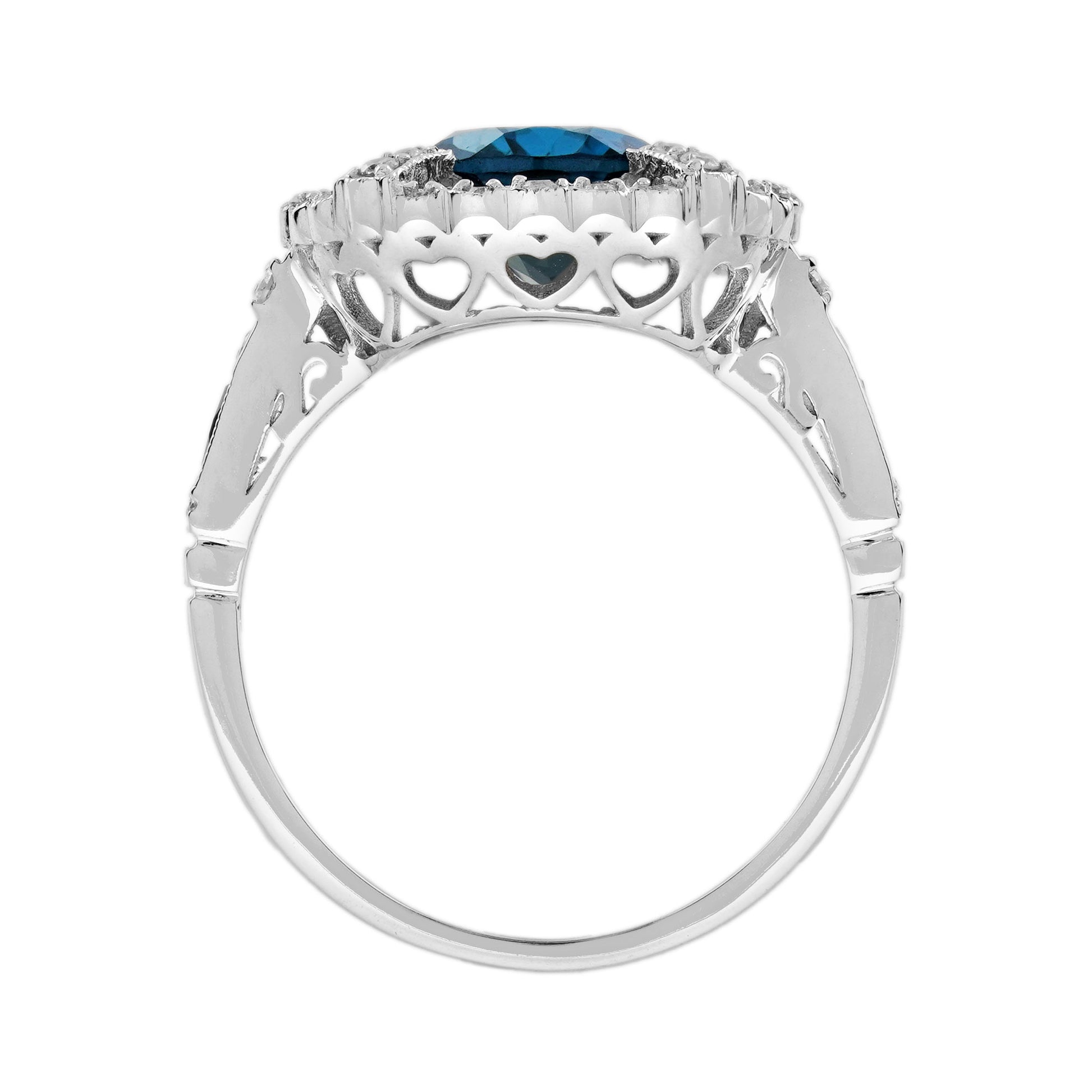 Oval Shape London Blue Topaz Ruby & Diamond Art Deco Style Halo White Gold Ring