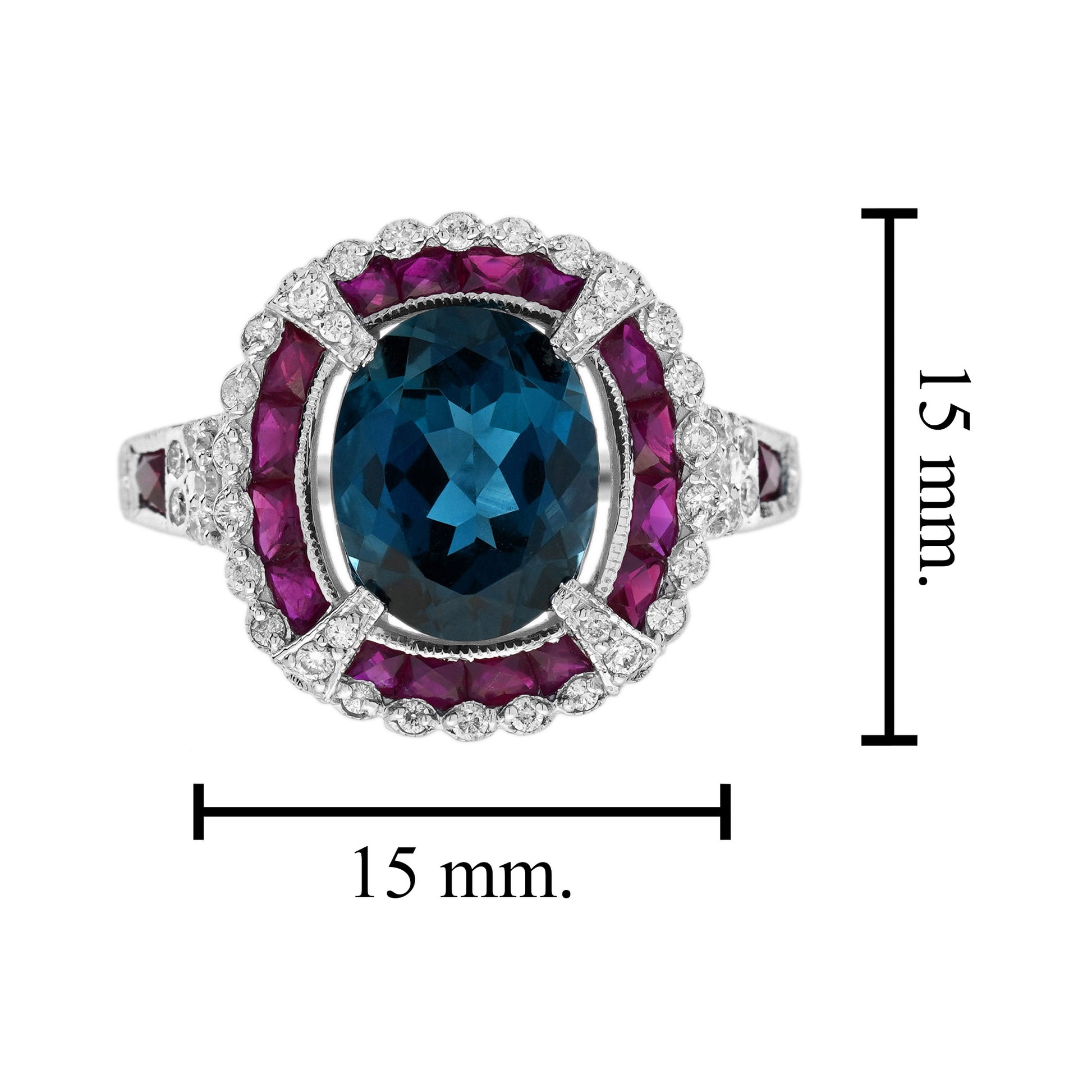 Oval Shape London Blue Topaz Ruby & Diamond Art Deco Style Halo White Gold Ring