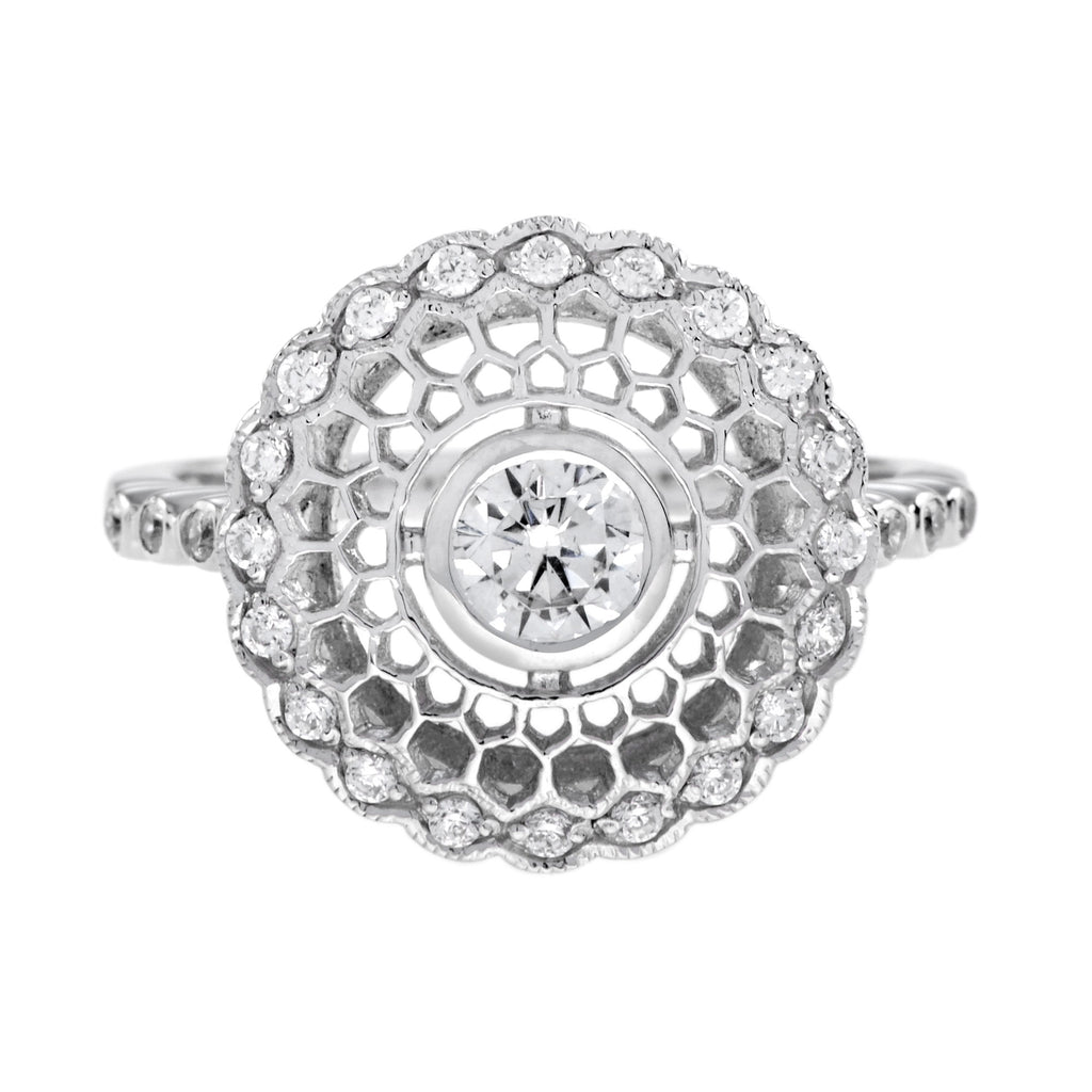Art Deco Style Diamond Honey Comb Filigree 14K White Gold Ring