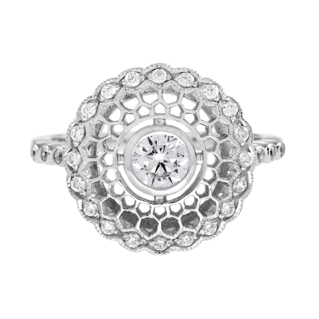 Art Deco Style Diamond Honey Comb Filigree 14K White Gold Ring