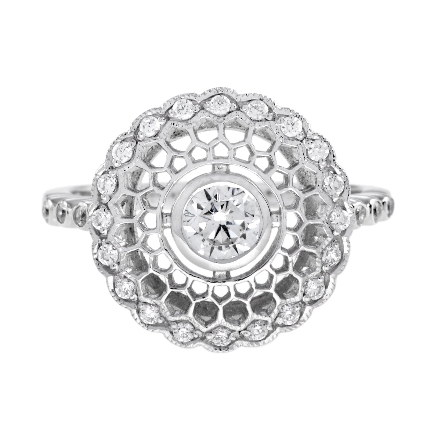 art deco style diamond honey comb filigree 14k white gold ring