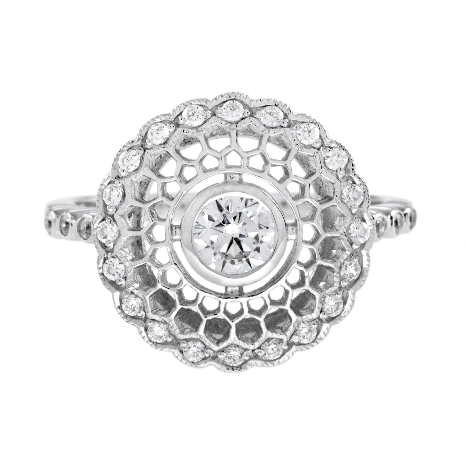 Art Deco Style Diamond Honey Comb Filigree 14K White Gold Ring