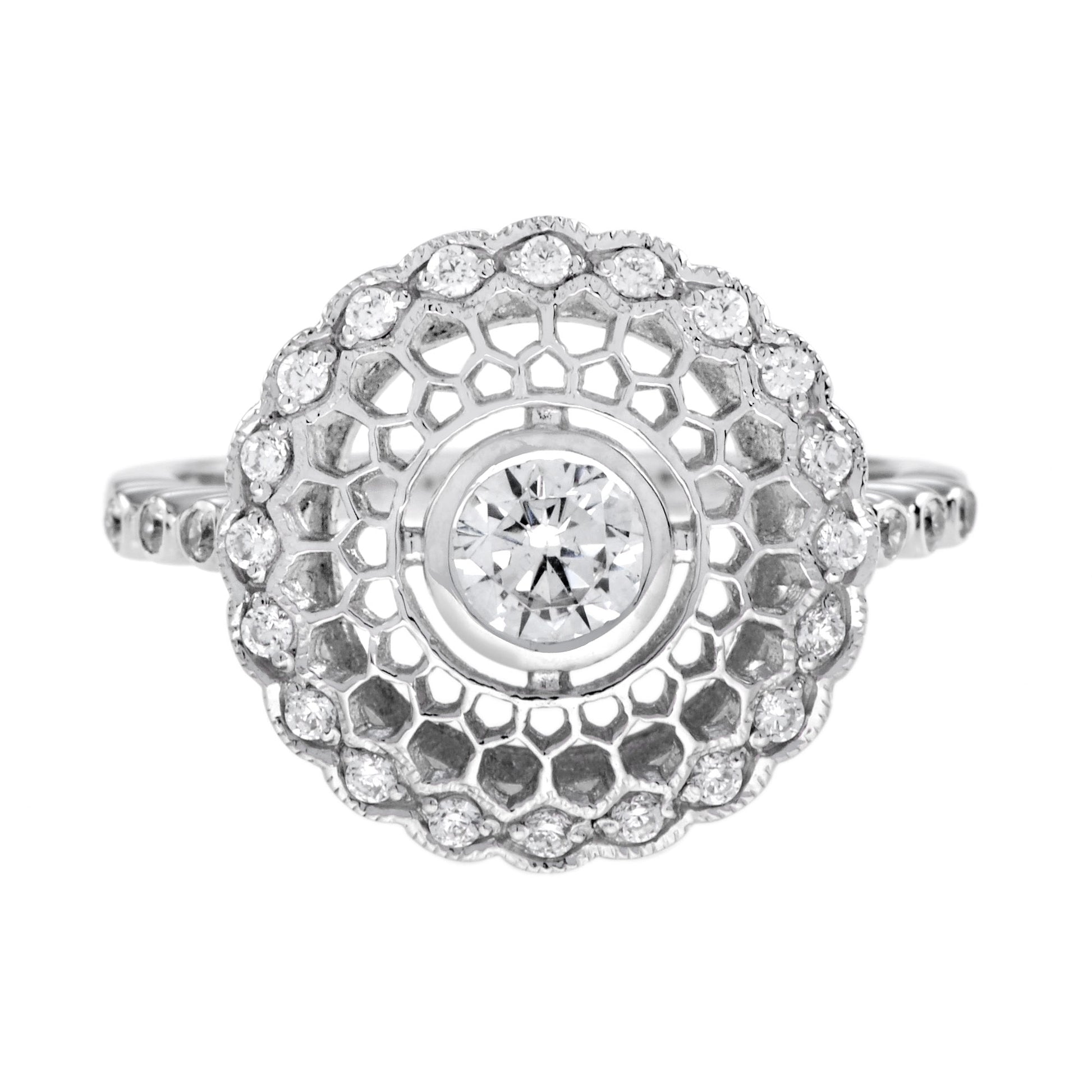Art Deco Style Diamond Honey Comb Filigree 14K White Gold Ring