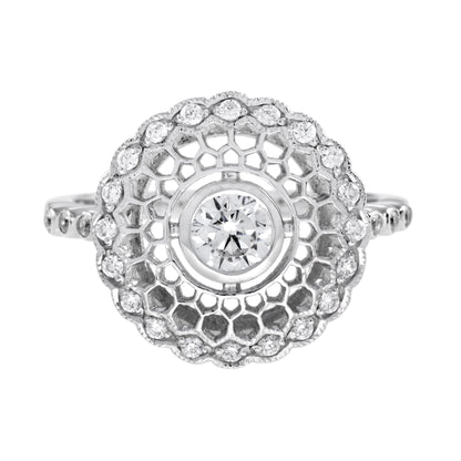 Art Deco Style Diamond Honey Comb Filigree 14K White Gold Ring