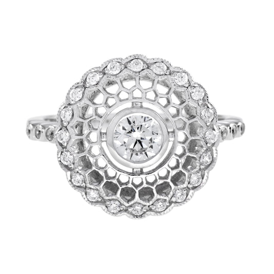 Art Deco Style Diamond Honey Comb Filigree 14K White Gold Ring