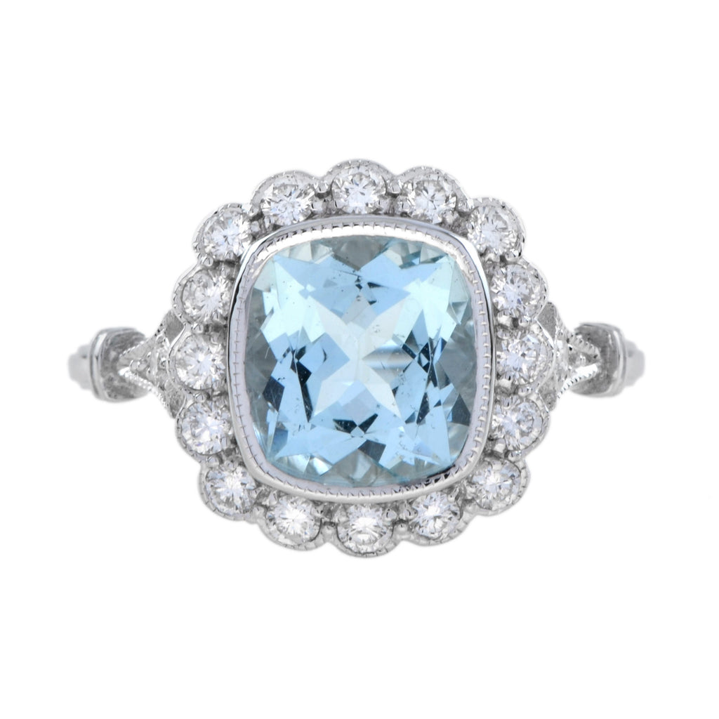 Cushion Blue Aquamarine & Diamond Halo Set 18K White Gold Vintage Style Ring