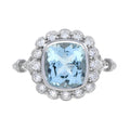 Cushion Blue Aquamarine & Diamond Halo Set 18K White Gold Vintage Style Ring