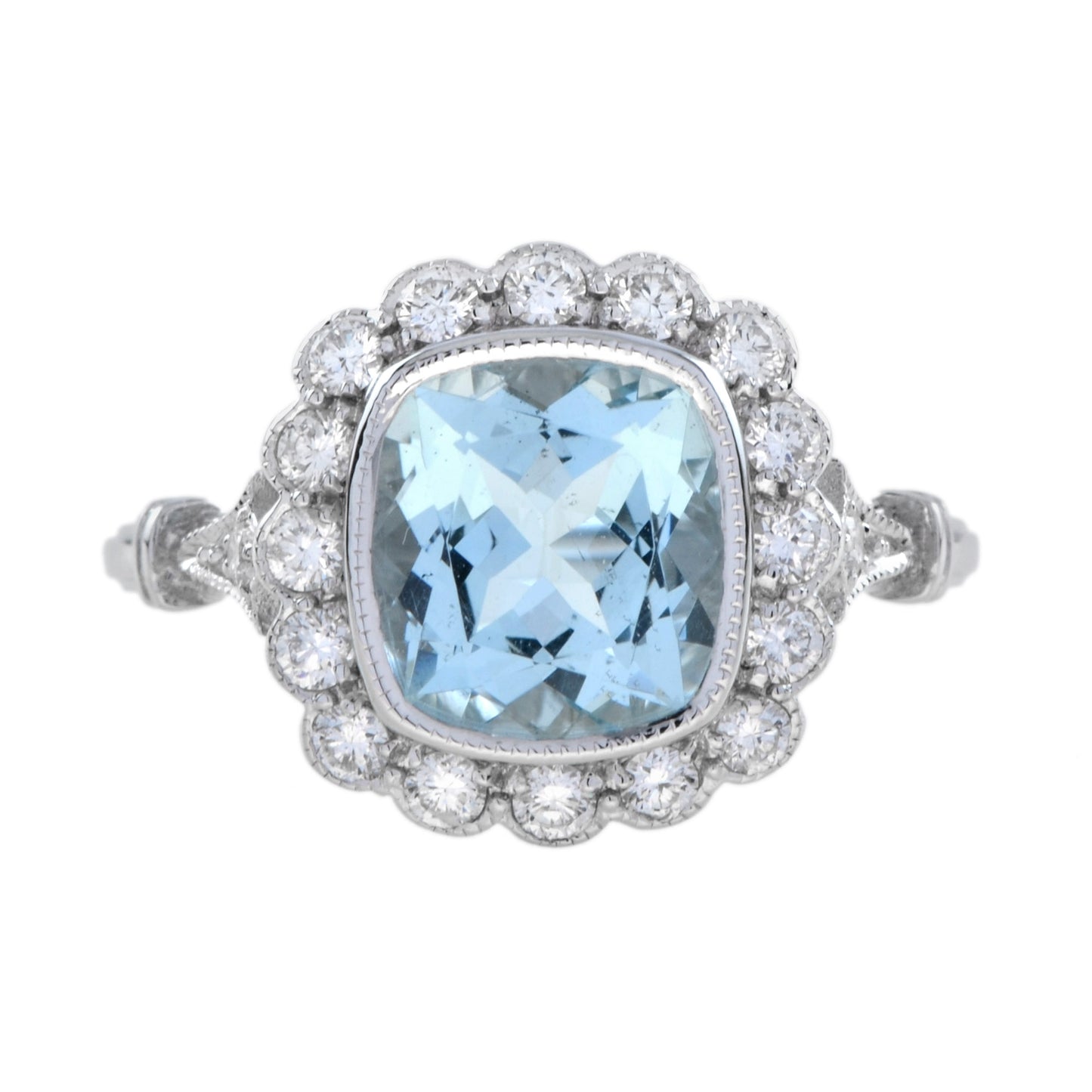 cushion blue aquamarine & diamond halo set 18k white gold vintage style ring