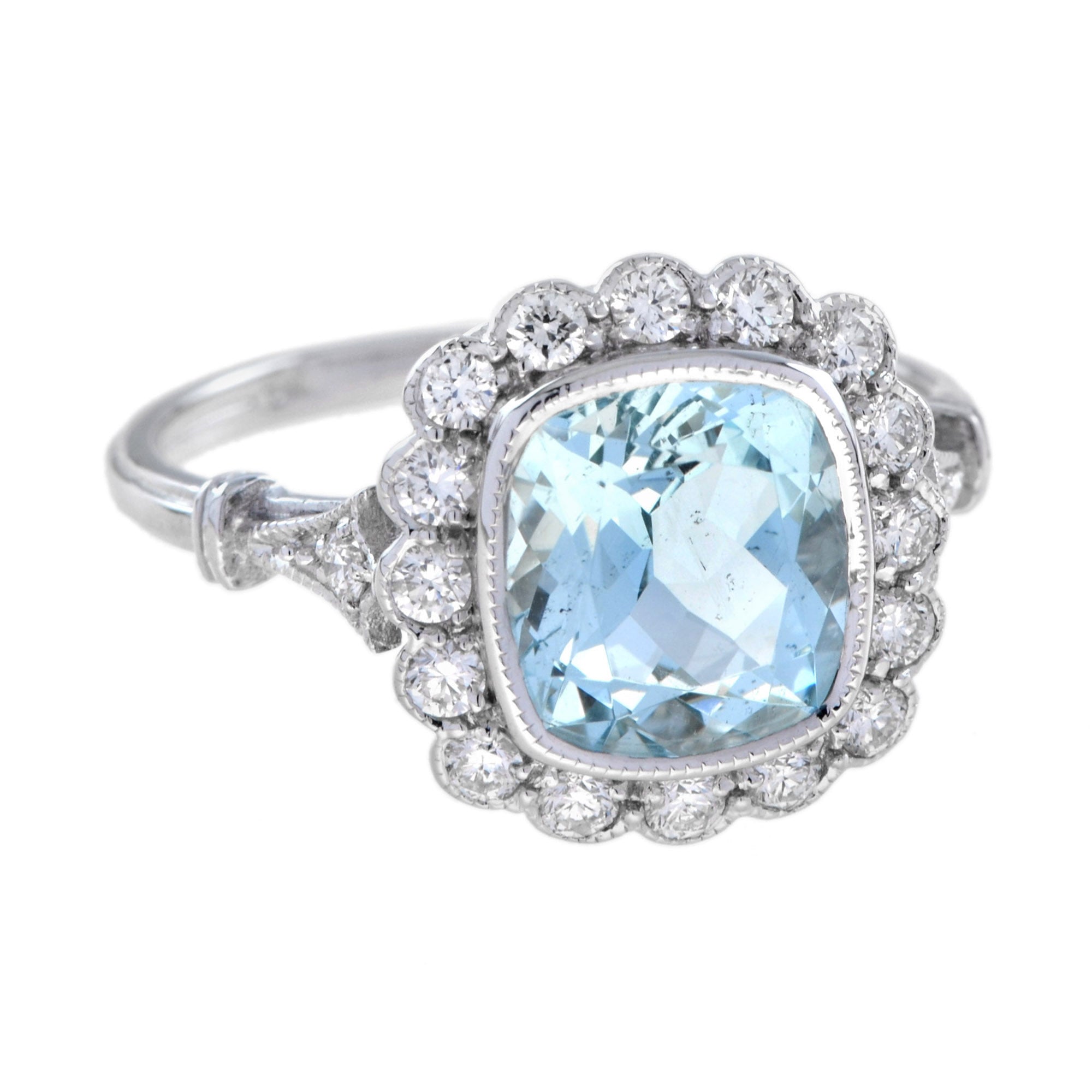 Cushion Blue Aquamarine &amp; Diamond Halo Set 18K White Gold Vintage Style Ring
