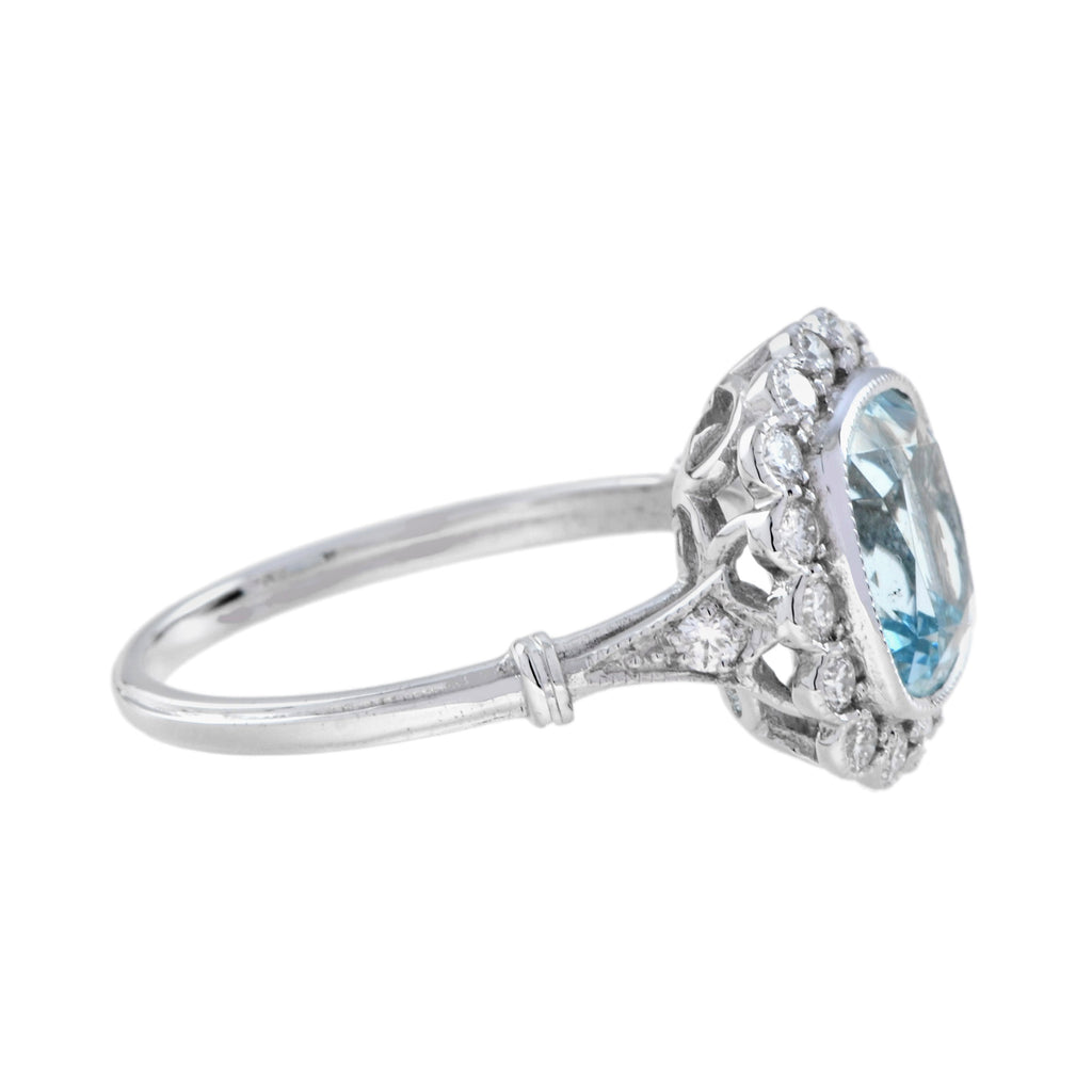 Cushion Blue Aquamarine & Diamond Halo Set 18K White Gold Vintage Style Ring