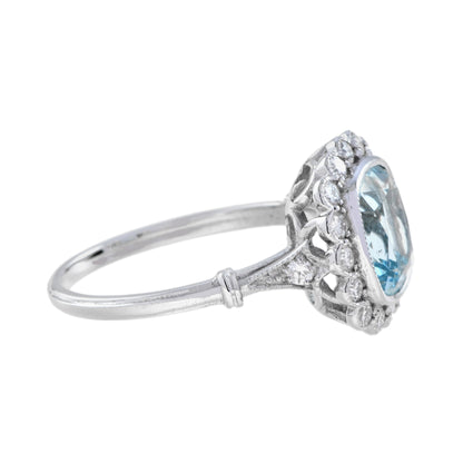 Cushion Blue Aquamarine & Diamond Halo Set 18K White Gold Vintage Style Ring